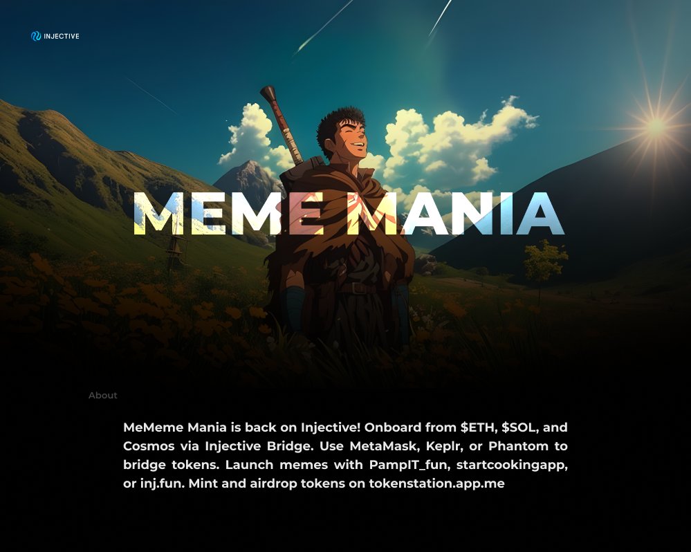 🔥Meme Mania on <a href="/injective/">Injective 🥷</a>

Explore major memes, launch tokens, and onboard from $ETH, $SOL, and Cosmos via Injective Bridge.

Ethereum: Use <a href="/MetaMask/">MetaMask 🦊</a>, <a href="/Ledger/">Ledger</a>, @trustwallet Cosmos: Use Keplr 🔹 Solana: Use Phantom

#Injective #CryptoMemes #DeFi