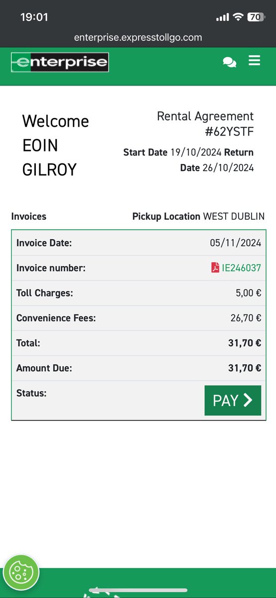 eoingilroy's tweet photo. @Enterprise I had a rental car booked through my insurance and I have been billed €31.70 for using the M50 for two trips. The toll charge was €5 but you have included a charge of €26.70 for “convenience fees”. My bank froze my card as it was deemed suspicious activity. https://t.co/cTctTFerWz