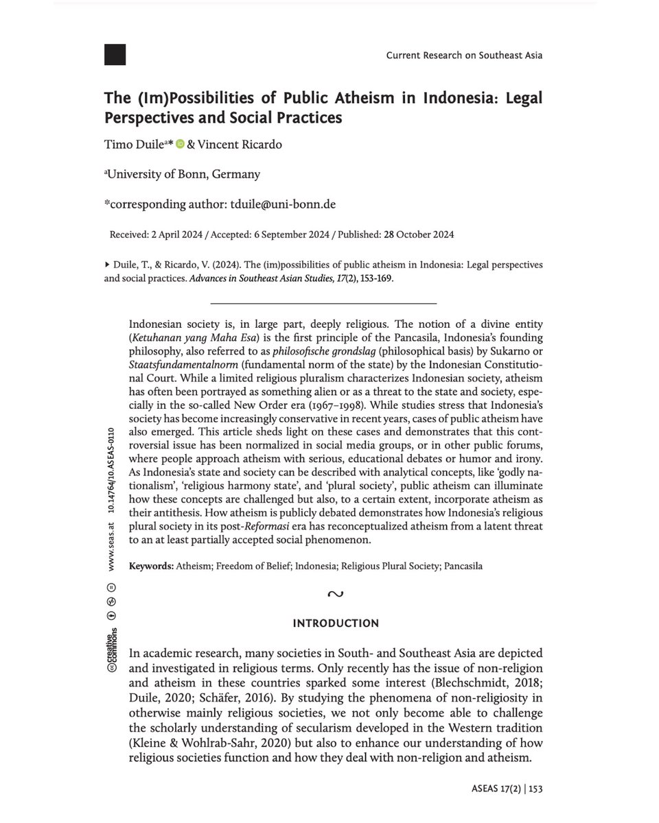 vincentrcrd's tweet photo. My new article about The (Im)Possibibilities of Public Atheism in Indonesia: Legal Perspectives and Social Practices that I co-wrote with Timo Duile in the Journal Advances in Southeast Asian Studies (Q1) has been published. 

Read more here: https://t.co/GY5jsohZ6a https://t.co/9g0Cu2uOom