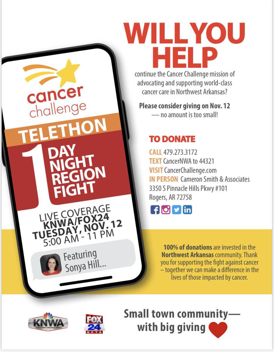 TODAY: <a href="/KNWAFOX24/">KNWA & FOX24 News</a> is partnering with <a href="/CancerChallenge/">Cancer Challenge</a> for a telethon. 100% of proceeds stay in NWA and help with living expenses, counseling, education programs, screenings and more.  You can call, text, or donate in person.  Don’t miss our LIVE coverage tonight 
#NWArk #NWAnews