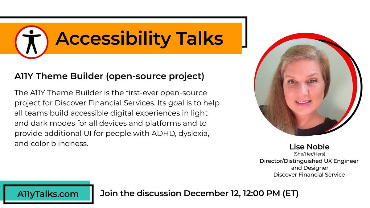 Coming in December: “A11Y Theme Builder (open-source project)” with Lise Noble, Director/Distinguished UX Engineer and Designer at Discover Financial Services. 

Mark your calendars: December 12, 12pm ET
a11ytalks.com/posts/2024-dec
#A11y #Accessibility #A11yTalks #UX