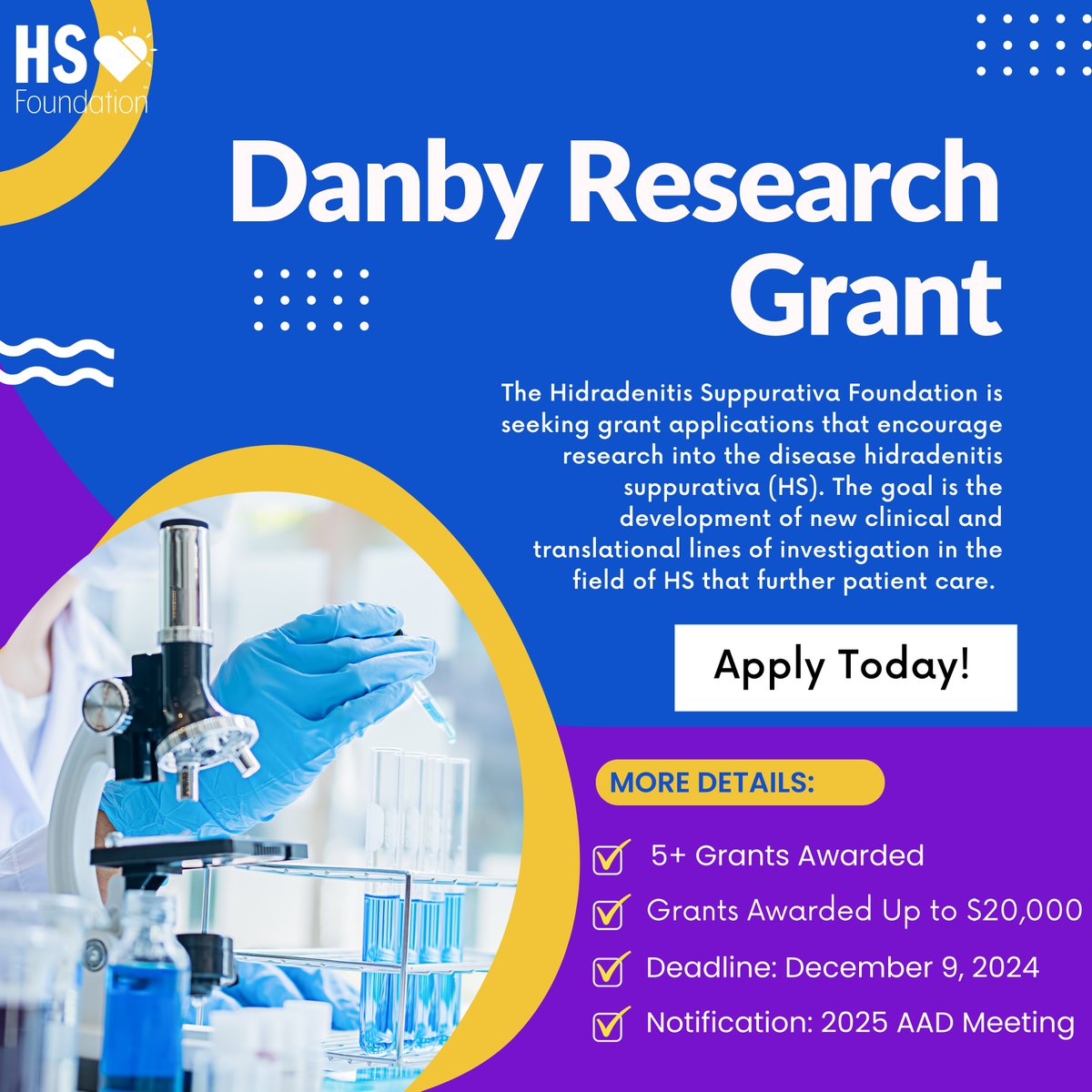 PeDRAResearch's tweet photo. ๐ข Attn: PeDRA Community! @hsforg is now accepting applications for the Danby Research Grant, Mentored Experience Grant, and Translational Research Grants.
Learn more and apply today ๐ https://t.co/5fHKjCvh1y
#pedsderm #HSResearch #ResearchGrant #HidradenitisSuppurativa #HS https://t.co/siXamJHWdV