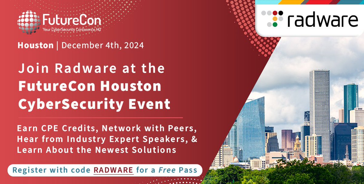 radware's tweet photo. Attention, Houston Security Pros! Get your FREE pass with code "RADWARE" when you register here: https://t.co/GtY7jNyRLL
#radware #cybersecurity #futurecon #aisecurity https://t.co/nnDU6alt4c