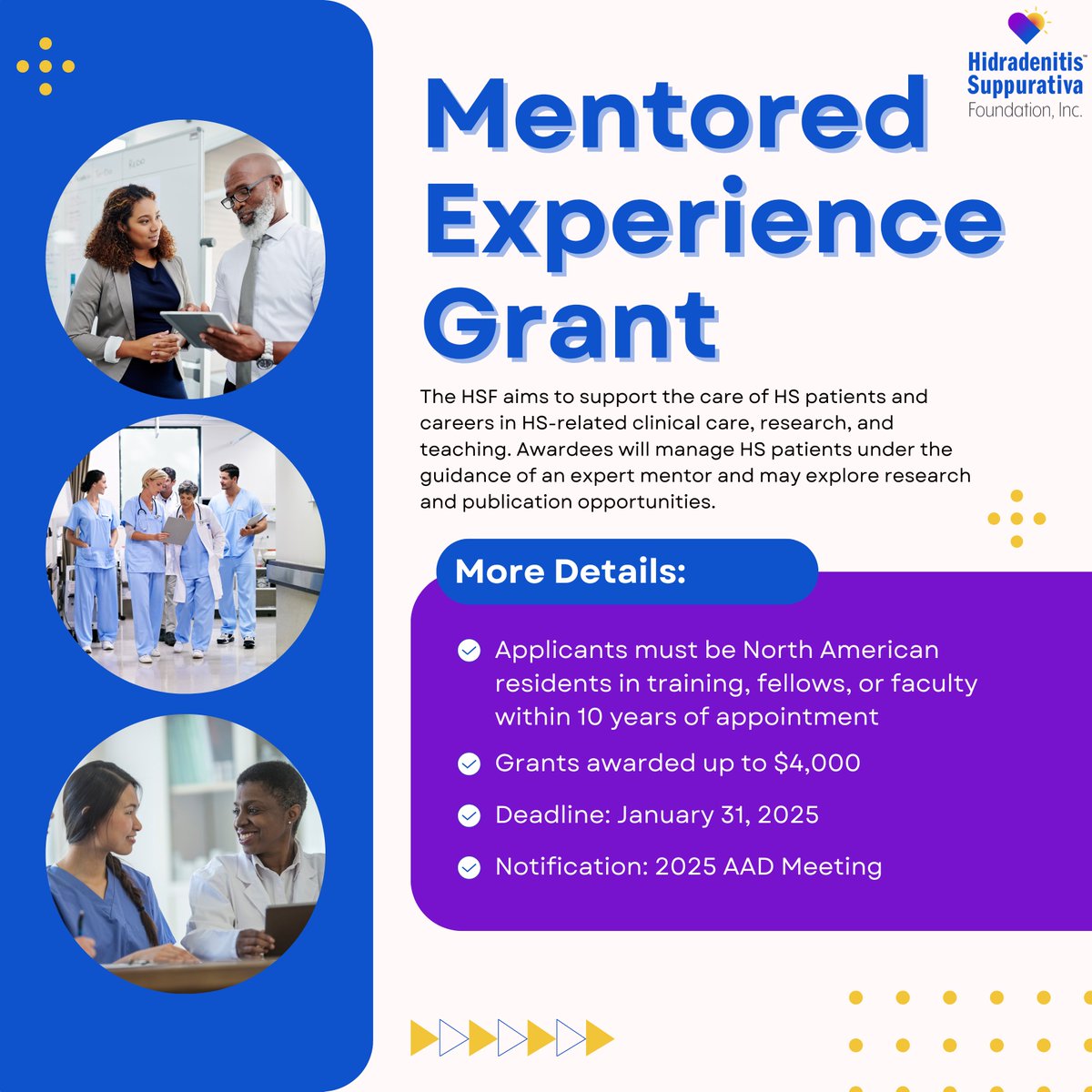 PeDRAResearch's tweet photo. ๐ข Attn: PeDRA Community! @hsforg is now accepting applications for the Danby Research Grant, Mentored Experience Grant, and Translational Research Grants.
Learn more and apply today ๐ https://t.co/5fHKjCvh1y
#pedsderm #HSResearch #ResearchGrant #HidradenitisSuppurativa #HS https://t.co/siXamJHWdV