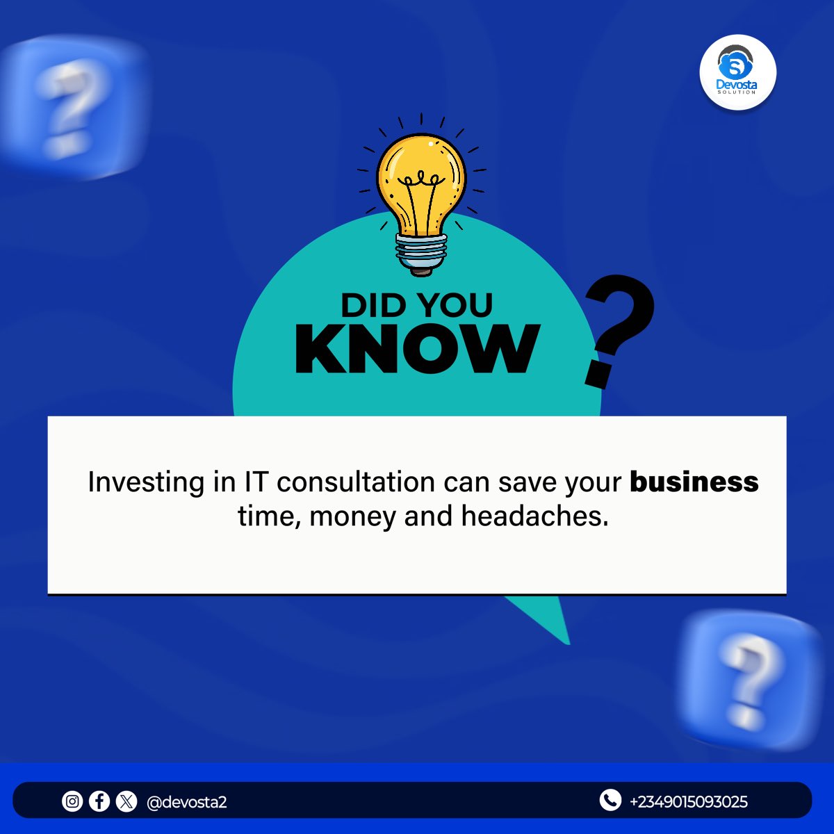 devostasolution's tweet photo. Whether you're a startup or an established business, IT consultation provides a roadmap to leverage technology effectively and stay ahead in a fast-paced digital world! 🚀
👉 Have questions about IT strategy? Drop them below!
#TechSolutions
#devosta https://t.co/KttaLwDBxm