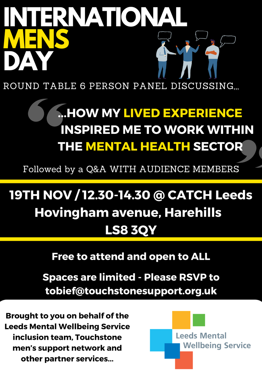 TobieJoshua2's tweet photo. International Men's day event
19th November 12.30-2.30pm

We have our 6 panel members confirmed and this is set to be an incredibly powerful event!

Open to all, Please do e-mail to book your space!
#InternationalMensDay https://t.co/66LQDPi5Tj