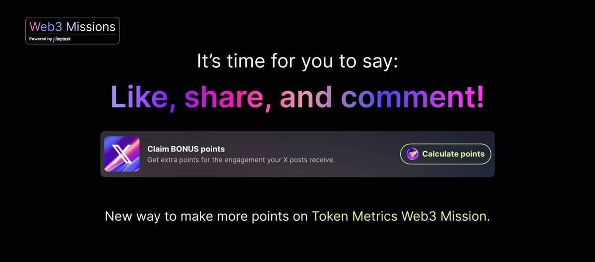 JumpTask_app's tweet image. 🟠 NEW WAY TO EARN POINTS ON TOKEN METRICS WEB3 MISSION!

Your social power just got a boost! Now you can earn points for every like, repost, comment, and impression you get on X! 

📈 Here’s the breakdown:
🔸 10x points for each like ❤️
🔸 10x points for each repost 🔄
🔸 10x