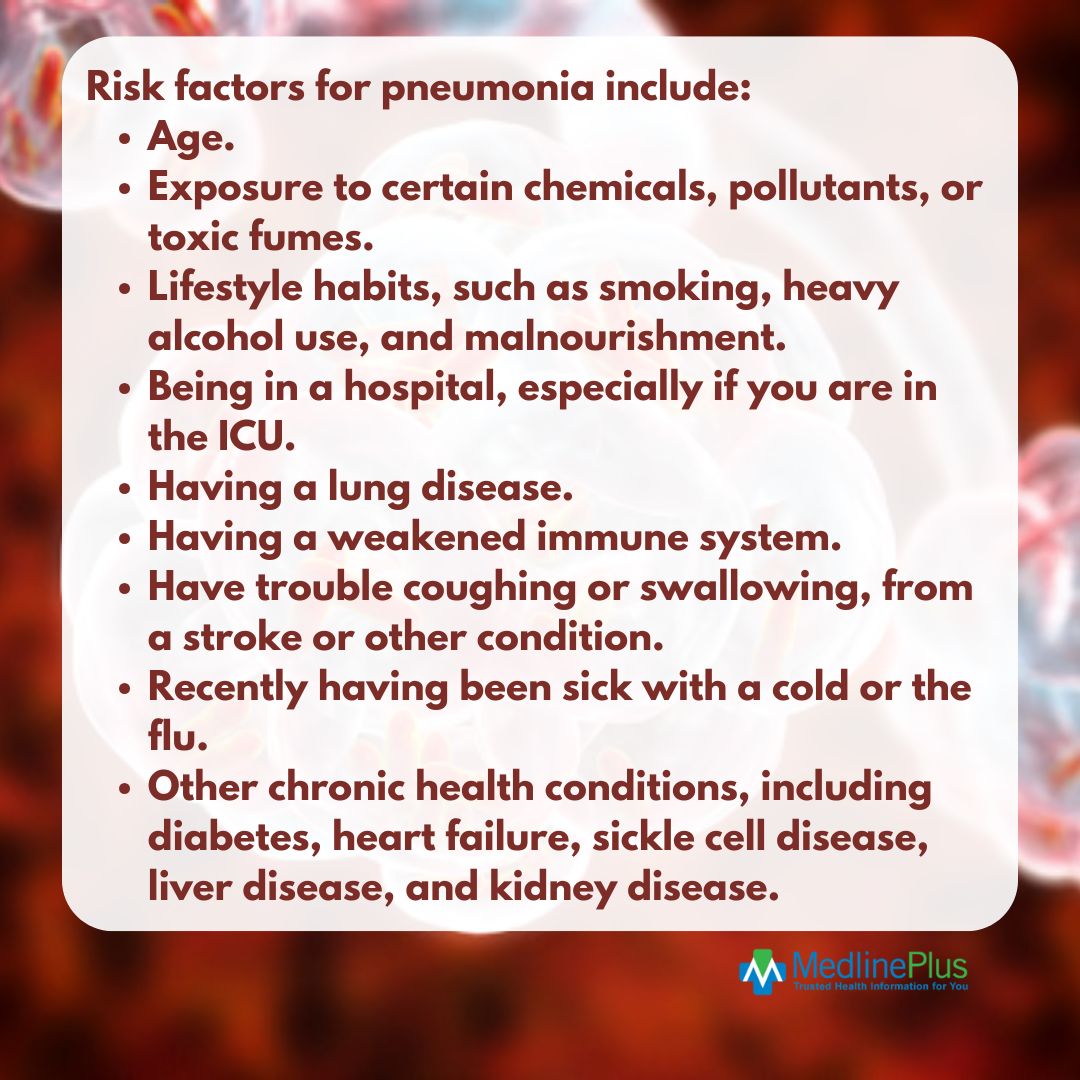 medlineplus's tweet photo. Pneumonia is an infection in one or both of your lungs. It causes the air sacs of your lungs to fill up with fluid or pus. Anyone can get pneumonia, but certain factors can increase your risk. Learn more: https://t.co/YPRwZDDHMJ #PneumoniaDay https://t.co/BYMk9A9RML