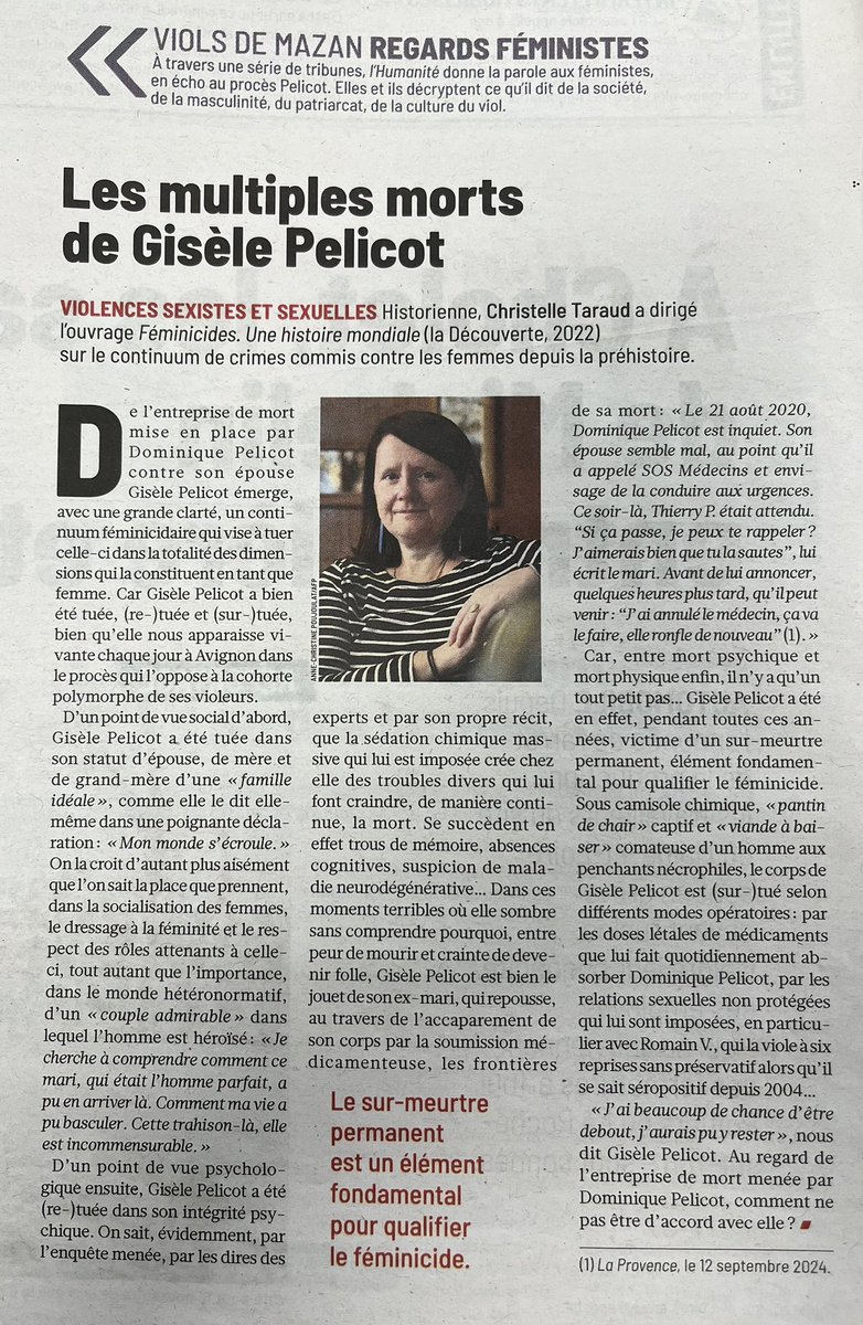 kareen janselme (@kajakareen) on Twitter photo #proces des #viols de #Mazan
Les 1000 morts de Gisèle #Pelicot : Mort sociale, mort psychique, sédation chimique massive, exposition aux IST…
L’historienne féministe Christelle Taraud décrit le continuum feminicidaire mis en place par Dominique Pelicot dans <a href="/humanite_fr/">L'Humanité</a> #proces des #viols de #Mazan
Les 1000 morts de Gisèle #Pelicot : Mort sociale, mort psychique, sédation chimique massive, exposition aux IST…
L’historienne féministe Christelle Taraud décrit le continuum feminicidaire mis en place par Dominique Pelicot dans <a href="/humanite_fr/">L'Humanité</a>
