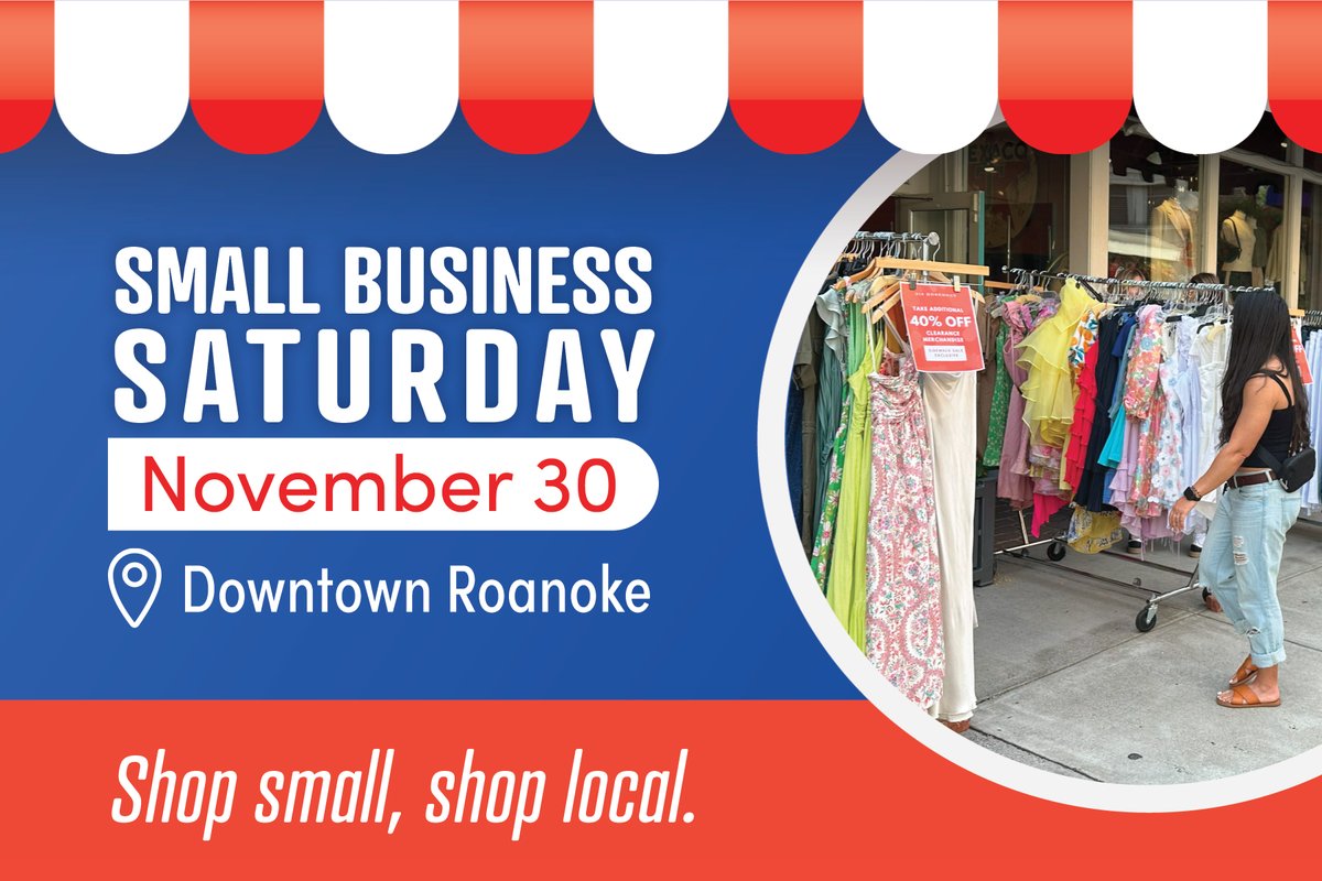 Shop small and save this holiday season! 🛍️

Enjoy holiday shopping with downtown retailers (and restaurants) offering great sales and specials at Small Business Saturday on November 30th.

Details: downtownroanoke.org/explore/holida…

#shopsmall #smallbizsat