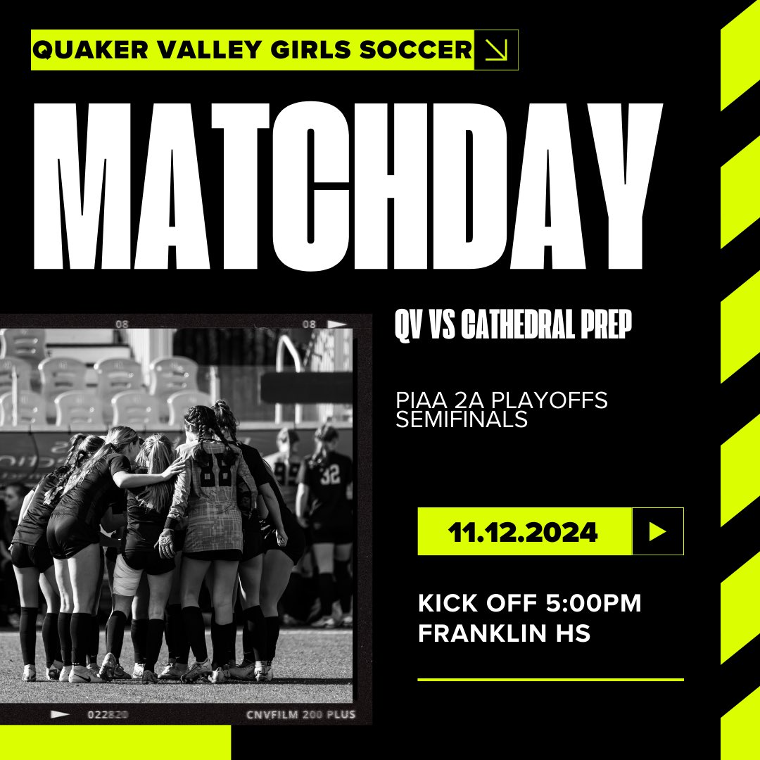 🖤⚽️💛 GAME DAY 💛⚽️🖤

QV Girls historic season continues tonight in the PIAA semis! 

📍Franklin HS
🆚 District 10 Champ - Cathedral Prep
⏰ 5:00pm
*️⃣ PIAA 2A Semifinals 
🎟️ piaa.org/sports/tickets…