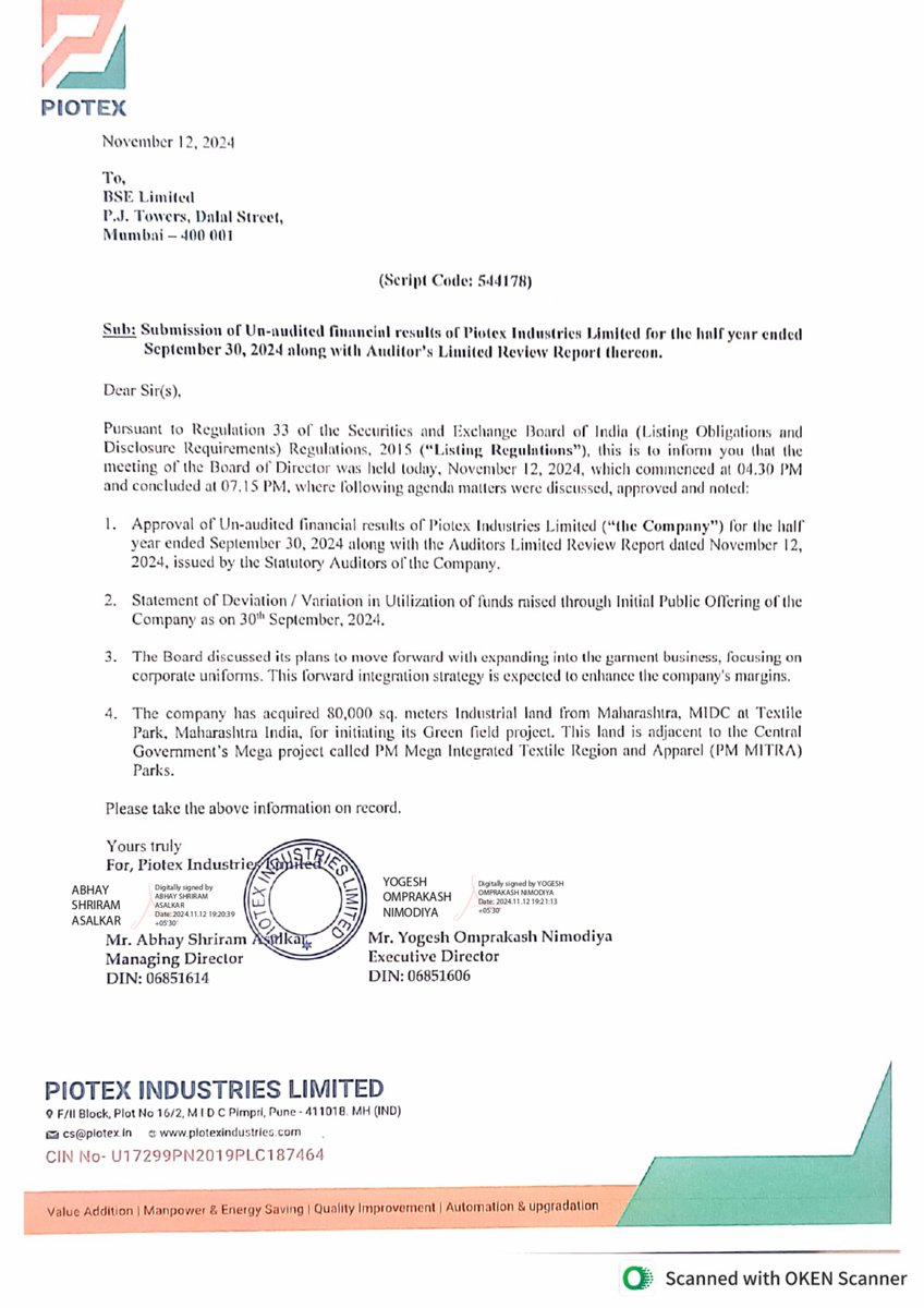 nileshkurhade's tweet photo. π Piotex Industries Ltd informed the exchange about its approval for the financial results for the half year ended September 30, 2024. #SME #PIOTEX ππ§Ύ https://t.co/XI4JY0lBa1