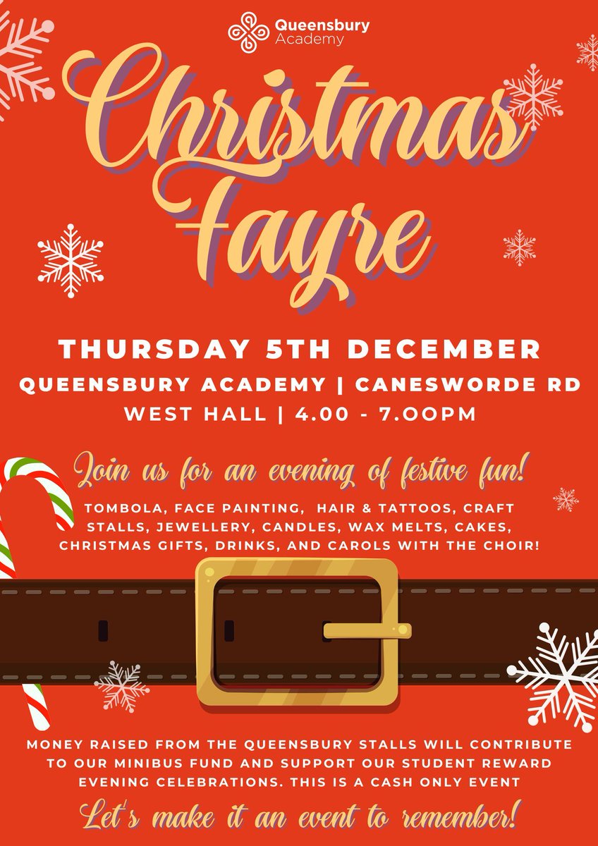 🎅 Get into the holiday spirit at Queensbury’s Christmas Fayre! 📅 Thursday, 5th December | 4 - 7PM. Join us for an evening of festive fun, crafts, Christmas gifts, delicious food &amp; drinks, carols, face painting and so much more! Perfect for all ages! #ChristmasFayre #weCARE