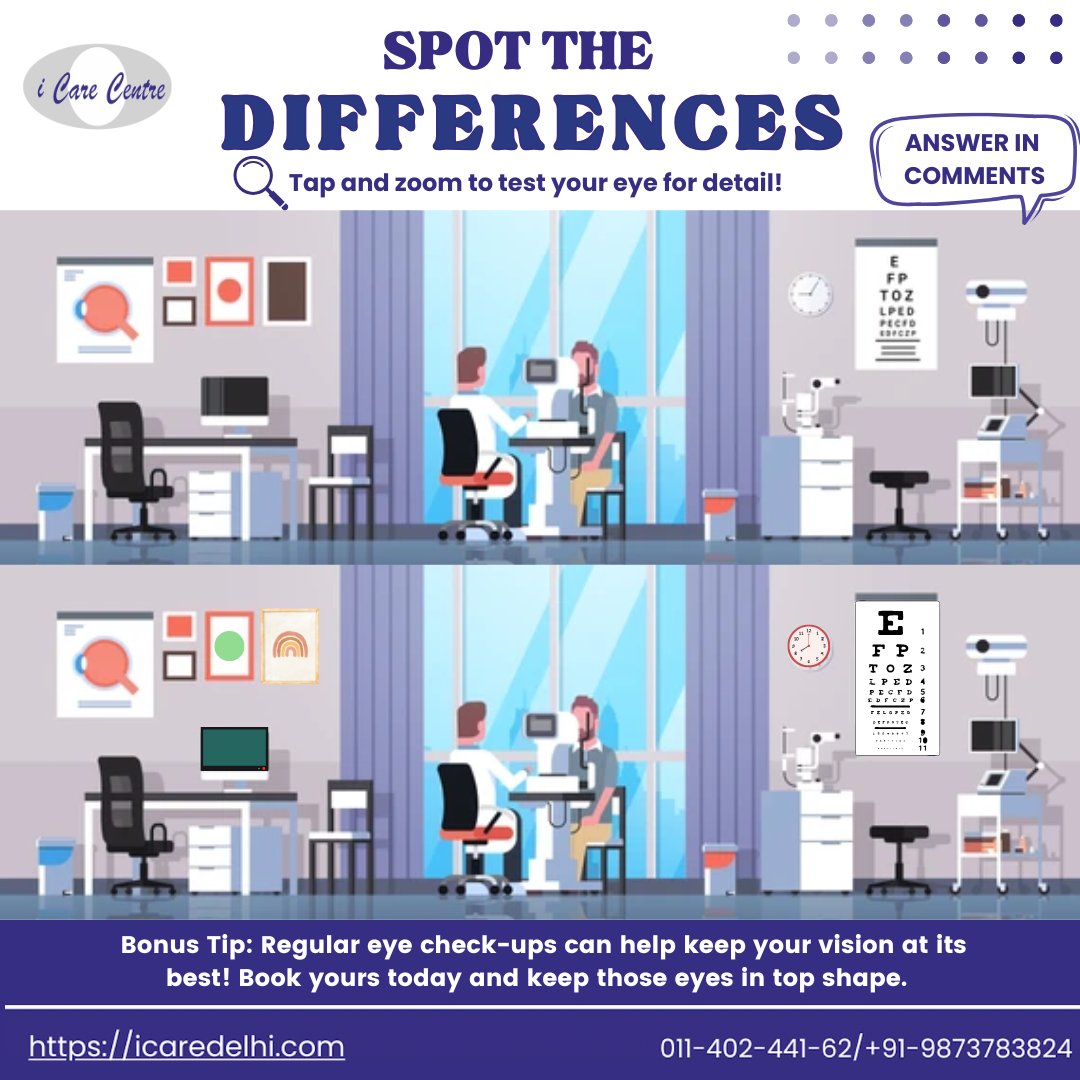 iCare_Centre's tweet image. Test your eyesight! Can you find all the differences in this image? #EyeChallenge #FunWithVision