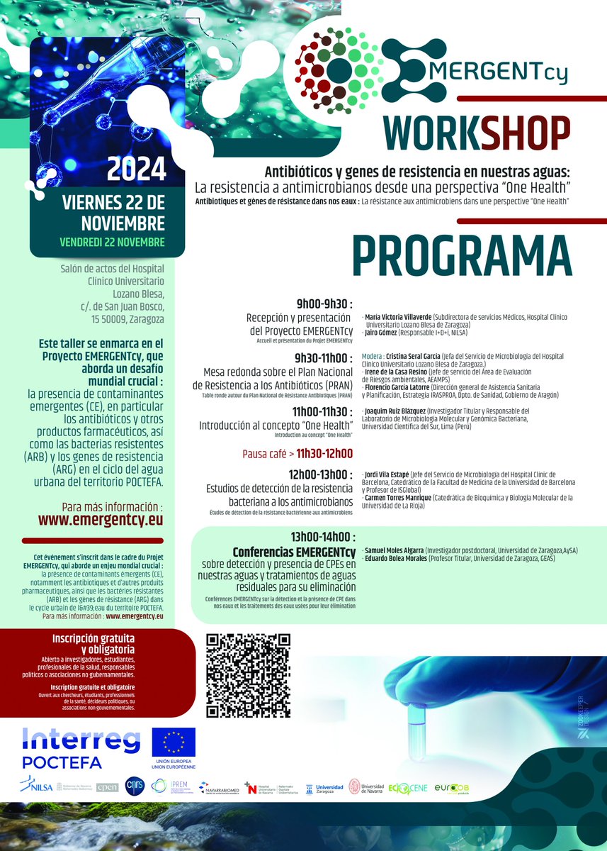 📢📢El 22/11 tendrá lugar el Workshop: Antibióticos y genes de resistencia en nuestras aguas
Se enmarca en el Provecto EMERGENTCV y aborda la presencia de contaminantes emergentes (CE) en el ciclo del agua urbana del territorio POCTEFA. 👏👏
+ inf e insc eventos.unizar.es/124480