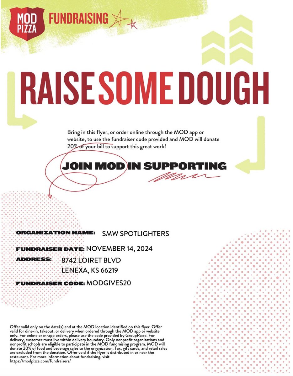 We have an AWESOME fundraising event coming up this  Thursday for Spotlighters at MOD Pizza in Lenexa! Come out and get some pizza to support the SMW Choir and Theatre Departments!