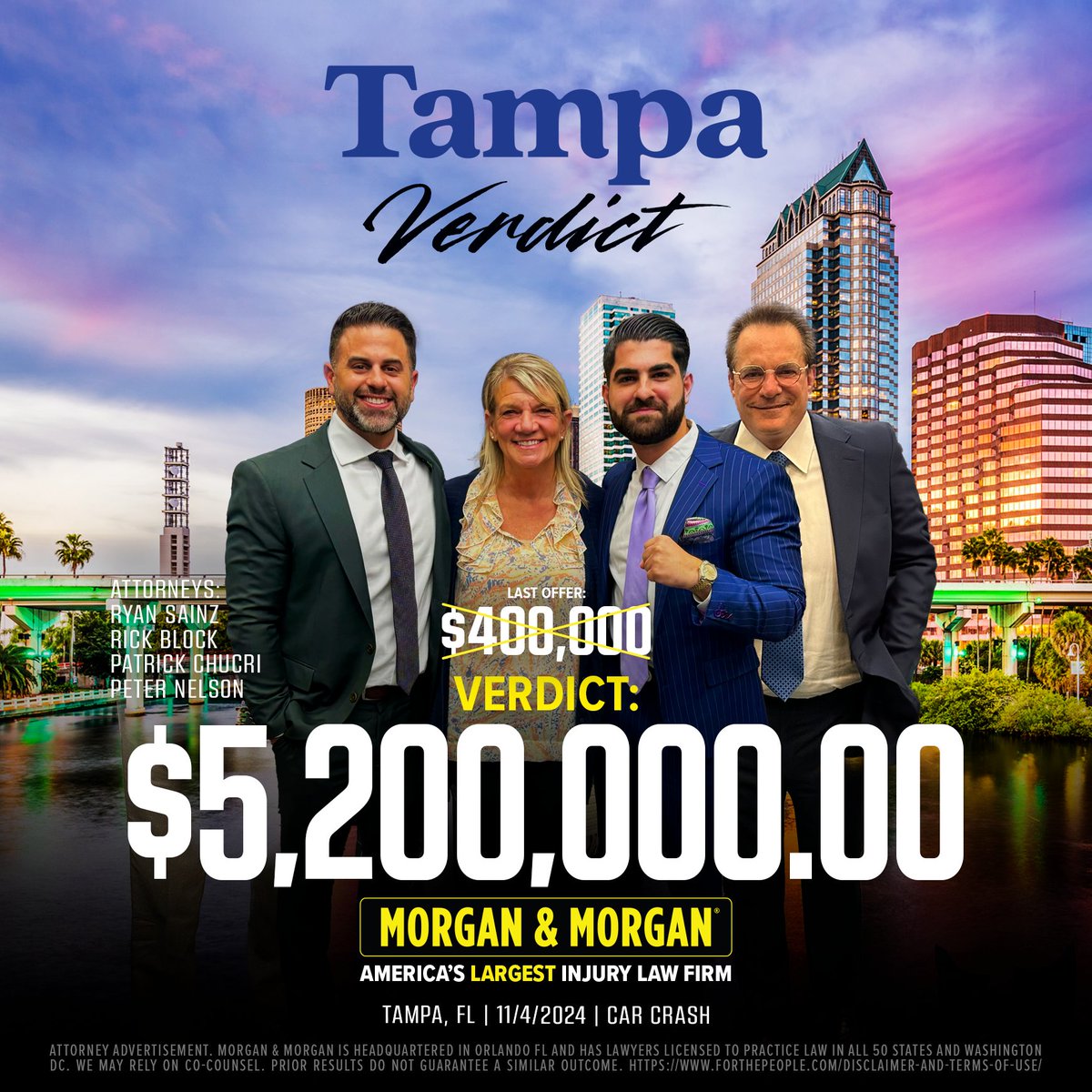 forthepeople's tweet photo. 🚨 #VerdictAlert:
Ryan Sainz, Rick Block, Patrick Chucri and Peter Nelson just secured a $5,200,000.00 verdict for our client in Tampa!
Helping our clients receive the justice they deserve is why we do what we do 💪 #ForThePeople https://t.co/K1RTvNp098