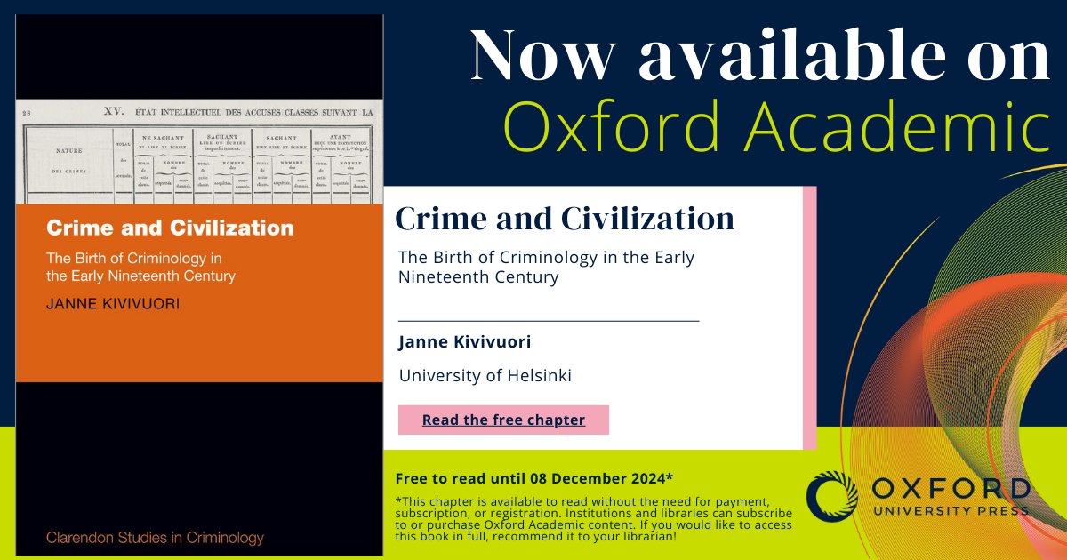 Happy to report that my new book “Crime and Civilization” will be published this week. The book offers a new interpretation on the origins of criminology as a data-driven intellectual field. The first chapter is open for a month. academic.oup.com/book/58687/cha…