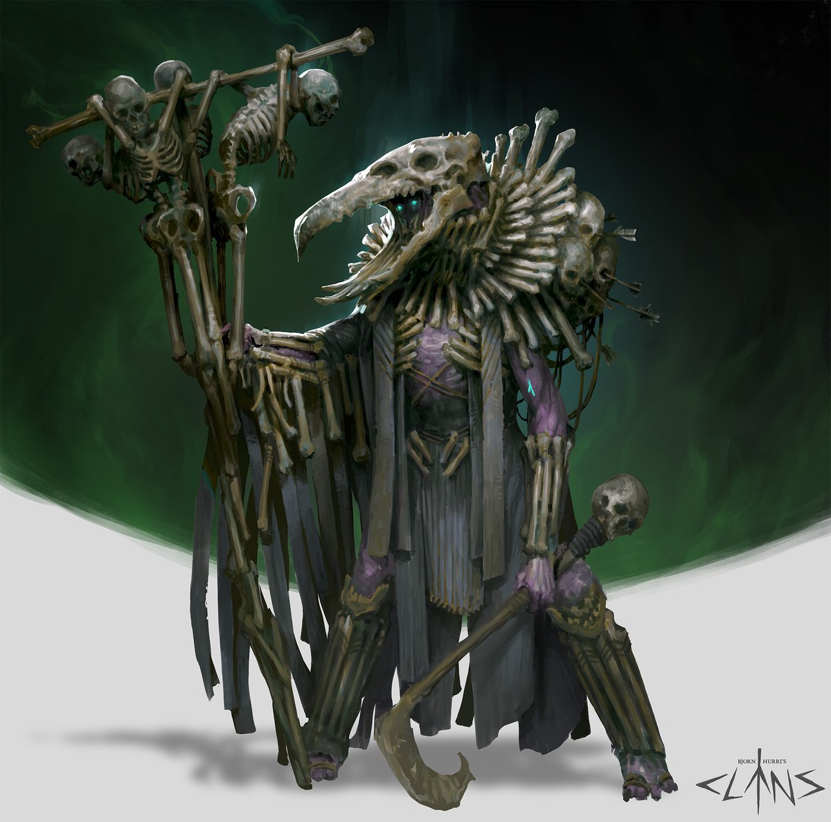 WORK IN PROGRESS #clans
Spent some more time working on this one today. Pushing the render on the Bone Raven, a 2.5 m tall creature that collects human remains for its dark magic rituals (ritual emblems etc to come)
#artbook #darkfantasy #bone #magic #dark #darkarts #skeleton