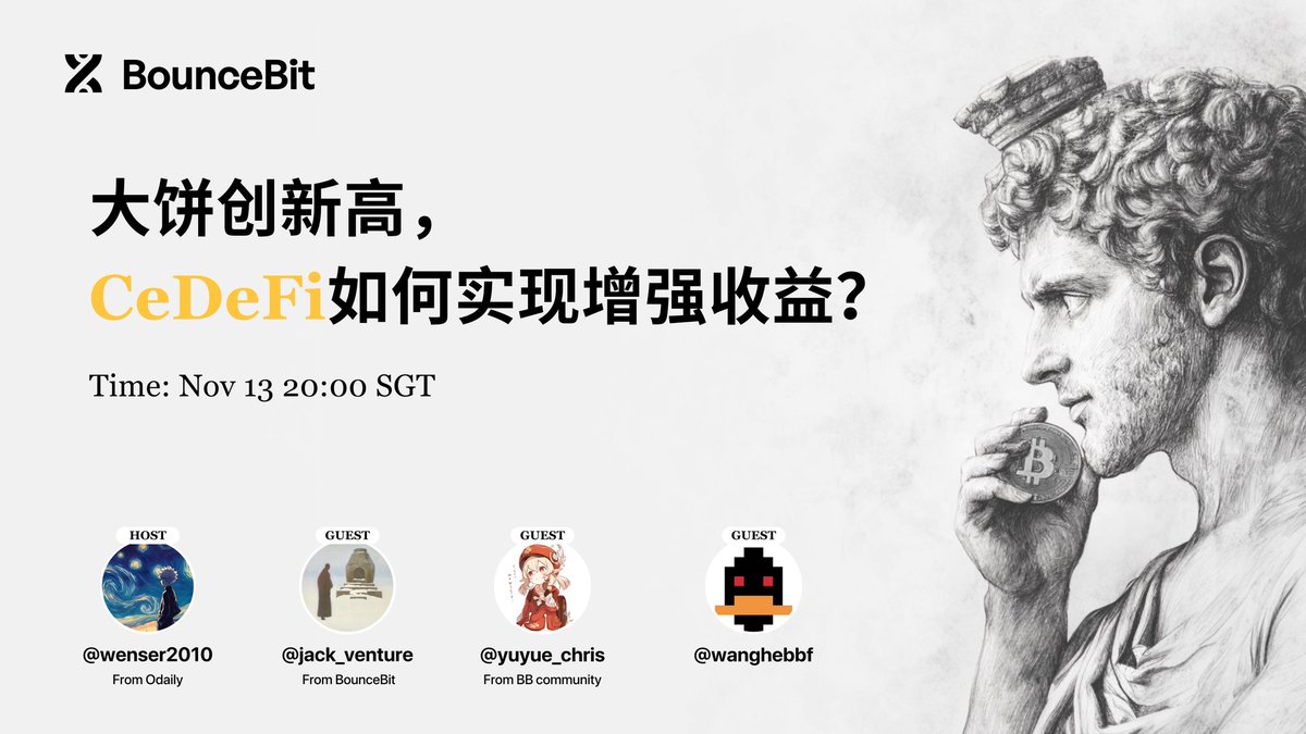 bouncebit_zh's tweet photo. BounceBit V2上线后首场中文AMA📣
大饼创新高，CeDeFi如何实现增强收益？

🤝联合主办 @OdailyChina
🎙️主持人：@wenser2010
♠️BounceBit代表：@jackventure
🎤华语KOL：@yuyue_chris @wangduanniao

⏰11月13日晚8点（UTC+8）
🔗https://t.co/xWwy0jJms0

🎁我们将抽取10位全程收听的观众送出总计1000 $BB 的奖励