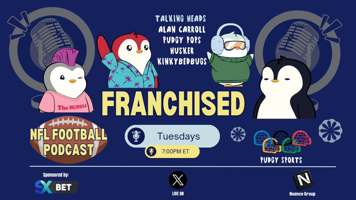 PudgyPops777's tweet photo. TONIGHT ON <NFL FRANCHISED>

NFL Week 10 summed up & Week 11 matchups 

Talking Heads - @alancarroII , @PudgyPops_777 , @husker_eth and the return of @KinkyBedBugs 

Brought to you by @PudgySportsNET , @NuanceWeb3 & Sponsored by @SX_Bet