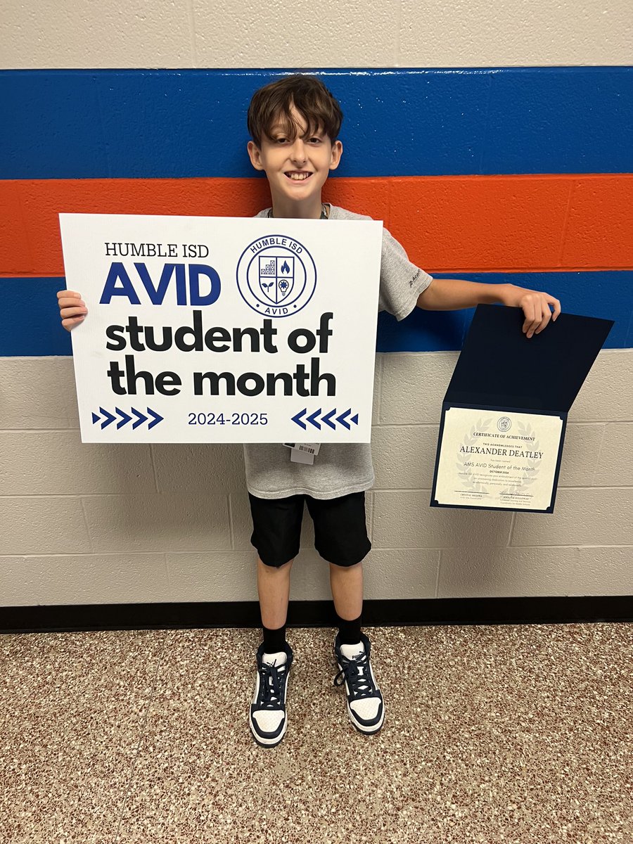 Let’s hear it for our AVID Student of the Month, 6th grader, Zander D.!!!!!!  Zander is an ideal AVID Student. He is organized, responsible, and motivated to be the best!!! We are proud of you Zander!!!🎉🎉 <a href="/HumbleISD_AMS/">Atascocita Middle School</a> <a href="/HumbleISD_AVID/">AVID</a>