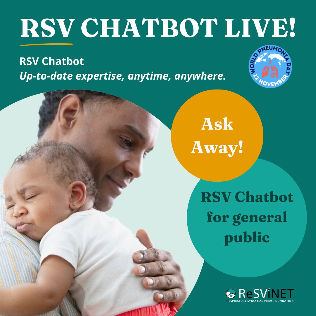 🌍 World Pneumonia Day: RSV Chatbot is LIVE! 

One of the leading causes of pneumonia in young children and older adults is caused by RSV.  Our new 24/7 RSV Chatbot offers reliable info on symptoms, prevention, and caregivers #WorldPneumoniaDay #RSV #RSVChatbot