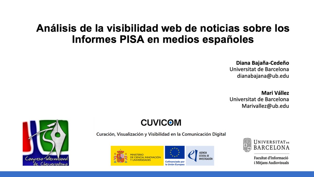 CUVICOM | Research project 📑 (@cuvicom) on Twitter photo <a href="/DianaKatherinBC/">Diana Bajaña Cedeño</a> y <a href="/mvallez/">Mari Vallez</a>, investigadoras de la <a href="/FIMA_UB/">Facultat FIMA UB</a> participan en el Congreso Internacional de Ciberperiodismo <a href="/Ciberpebi/">Ciberpebi</a>, con la comunicación: «Análisis de la visibilidad web de noticias sobre los Informes PISA en medios españoles» <a href="/DianaKatherinBC/">Diana Bajaña Cedeño</a> y <a href="/mvallez/">Mari Vallez</a>, investigadoras de la <a href="/FIMA_UB/">Facultat FIMA UB</a> participan en el Congreso Internacional de Ciberperiodismo <a href="/Ciberpebi/">Ciberpebi</a>, con la comunicación: «Análisis de la visibilidad web de noticias sobre los Informes PISA en medios españoles»
