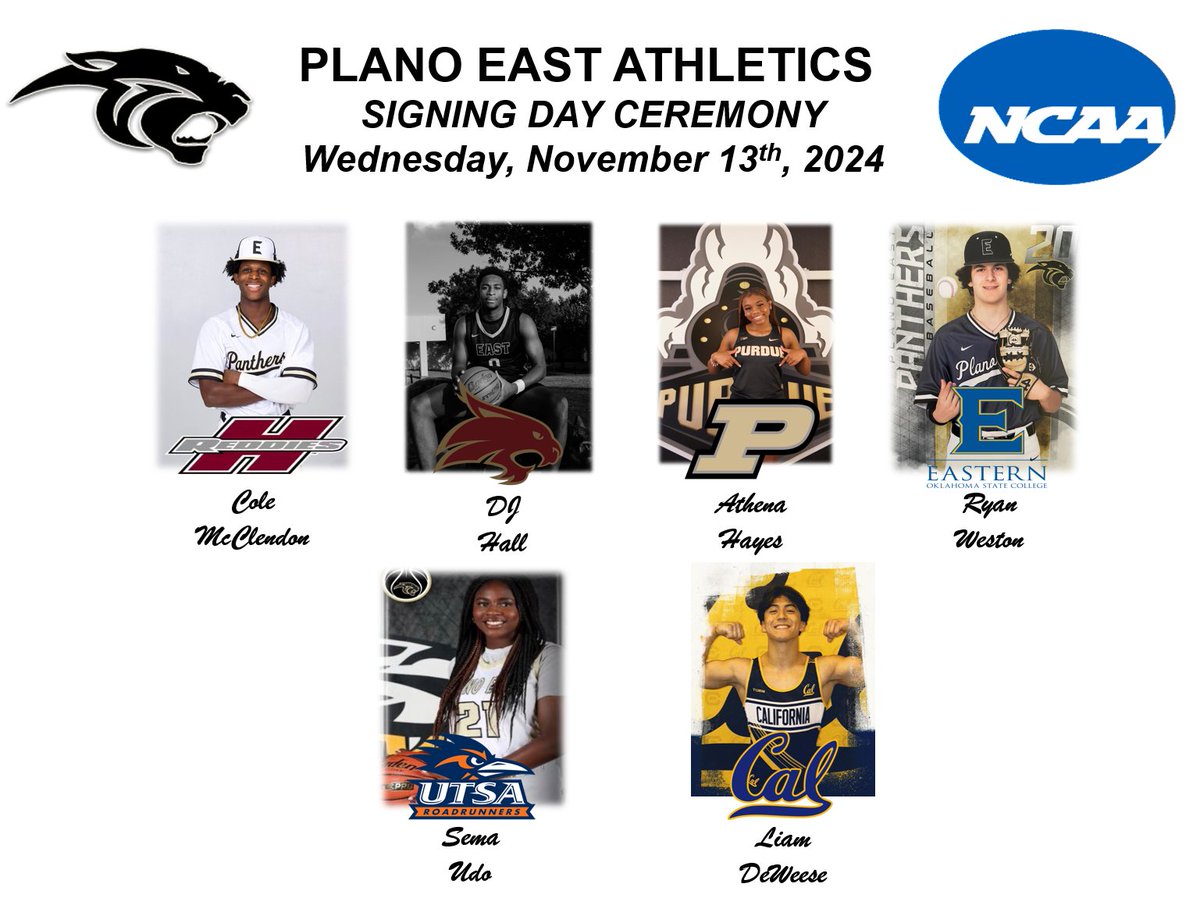 Plano East Panthers (@pesh_athletics) on Twitter photo We are hosting the first of four ‘Signing Days’ this school year.
Details
Date: Wednesday, November 13th
Time: 8:00am – 8:50am
Location: Plano East Gym
<a href="/PlanoEastHoops/">PlanoEast Basketball</a> <a href="/peshbaseball/">Plano East Baseball</a> <a href="/PlanoEastXCTF/">Plano East Cross Country / Track & Field</a> <a href="/PESHGirlsHoops/">PlanoEastGirlsHoops</a> <a href="/Plano_Schools/">Plano ISD</a> <a href="/PlanoISDAthDept/">PISD Athletics</a> <a href="/planonewspaper/">Plano Star Courier</a> <a href="/MurphyMonitor/">Murphy Monitor</a> We are hosting the first of four ‘Signing Days’ this school year.
Details
Date: Wednesday, November 13th
Time: 8:00am – 8:50am
Location: Plano East Gym
<a href="/PlanoEastHoops/">PlanoEast Basketball</a> <a href="/peshbaseball/">Plano East Baseball</a> <a href="/PlanoEastXCTF/">Plano East Cross Country / Track & Field</a> <a href="/PESHGirlsHoops/">PlanoEastGirlsHoops</a> <a href="/Plano_Schools/">Plano ISD</a> <a href="/PlanoISDAthDept/">PISD Athletics</a> <a href="/planonewspaper/">Plano Star Courier</a> <a href="/MurphyMonitor/">Murphy Monitor</a>