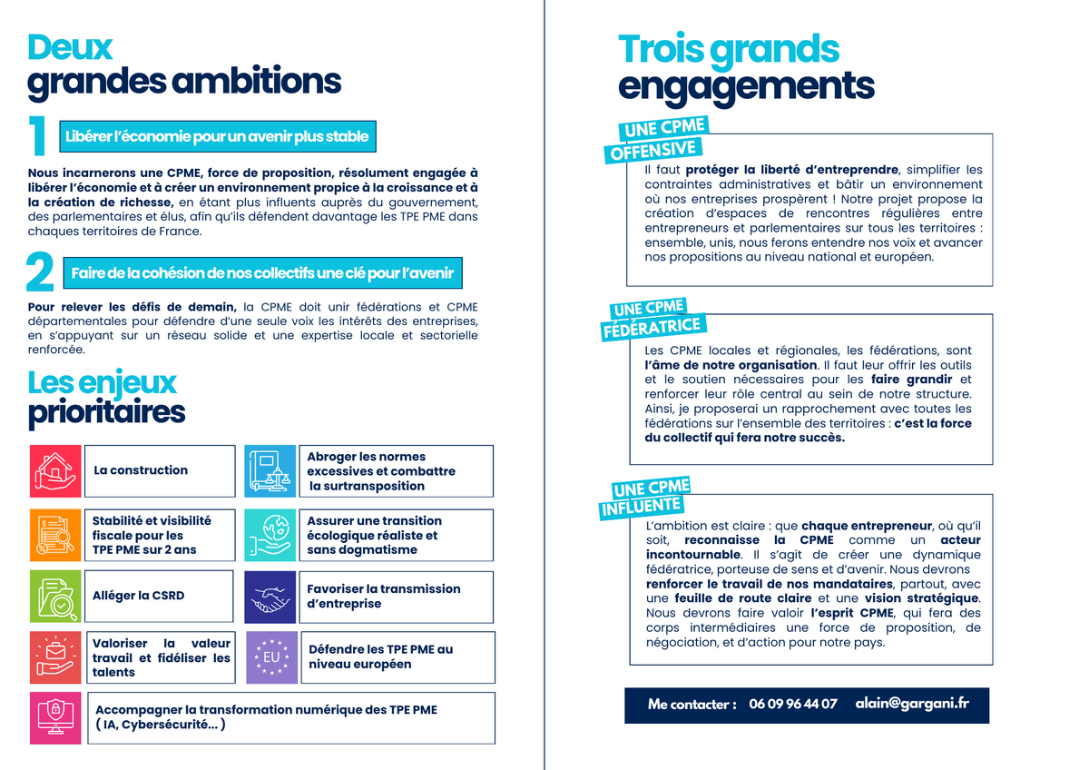 Candidat à la Présidence de la <a href="/CPMEnationale/">CPME</a>, mon ambition claire ! Je souhaite une CPME plus offensive, plus fédératrice et plus influente. Découvrez un extrait de mon programme ⬇️