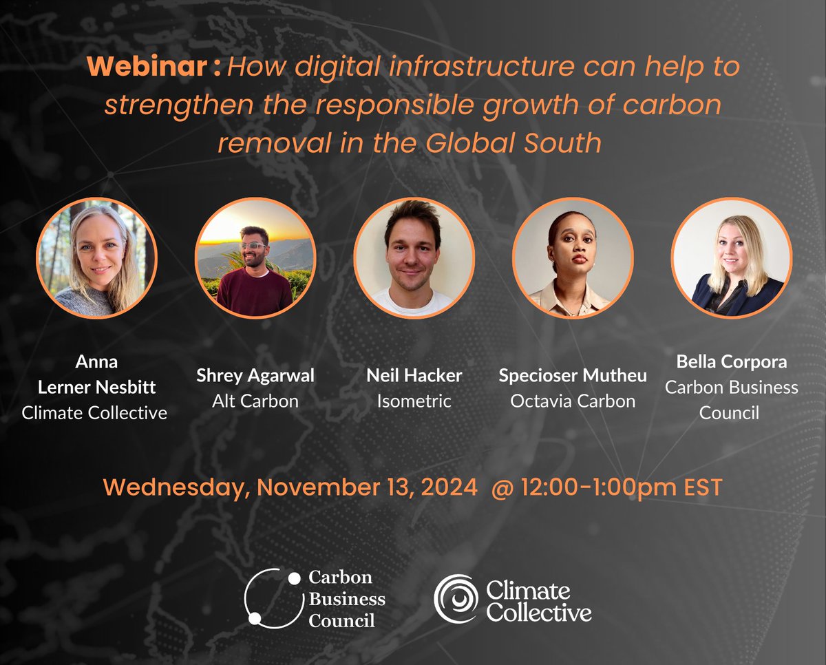 clim8collective's tweet photo. 📣 It's tomorrow!

Join us and @CO2Council this Wednesday at 12 pm EST for a webinar on how digital infrastructure can help to strengthen the responsible growth of carbon removal in the Global South.

Our CEO @annalerner will be joined by @_neilhacker (@Isometric_HQ ),  Shrey Agarwal (Alt Carbon), @floptopizo (@OctaviaCarbon ), and Bella Corpora (moderator, @CO2Council ) to discuss responsible deployment, co-benefits, local partnerships, and the resource trade-offs involved in scaling carbon removal.

Don’t miss this opportunity to explore how carbon removal can be deployed to maximize benefits for local communities while responsibly managing risks.

#ClimateTech #CarbonRemoval #ResponsibleDeployment