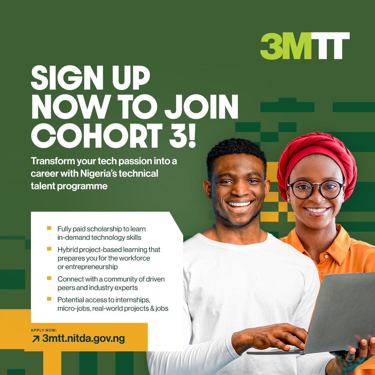 3MTTNigeria's tweet image. Ready to launch your tech career? #3MTT applications are open! Get a fully-paid scholarship, learn in-demand tech skills, and connect with industry experts.

📲 Apply now at 3mtt.nitda.gov.ng and secure your spot!

#My3MTT
#3MTTatOne
