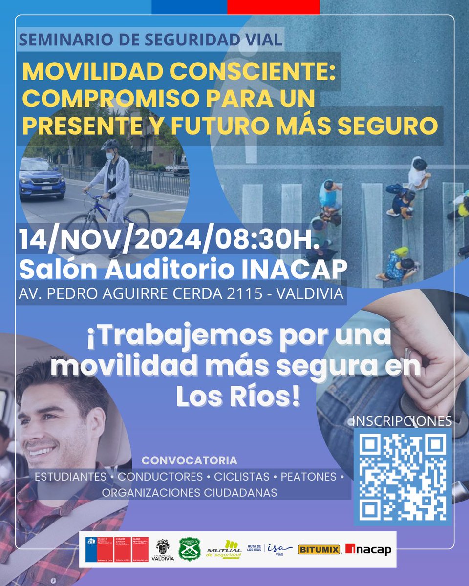 MTTLosRios's tweet photo. 📣 Este jueves, participa en el Seminario de Seguridad Vial "𝐌𝐎𝐕𝐈𝐋𝐈𝐃𝐀𝐃 𝐂𝐎𝐍𝐒𝐂𝐈𝐄𝐍𝐓𝐄: 𝐂𝐎𝐌𝐏𝐑𝐎𝐌𝐈𝐒𝐎 𝐏𝐀𝐑𝐀 𝐔𝐍 𝐏𝐑𝐄𝐒𝐄𝐍𝐓𝐄 𝐘 𝐔𝐍 𝐅𝐔𝐓𝐔𝐑𝐎 𝐌𝐀́𝐒 𝐒𝐄𝐆𝐔𝐑𝐎" que se realizará en el Salón Auditorio INACAP
Inscríbete: https://t.co/oLWI3YEv3e https://t.co/POChWZ1YQ9