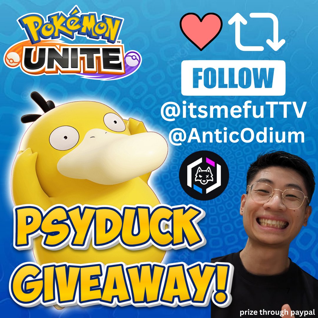 🟡PSYDUCK UNITE LICENCE GIVEAWAY!🟡
Sponsored by Antic x Odium

To Enter: 
🌊Like &amp; Retweet
🌊Must be following <a href="/AnticOdium/">Antic x Odium</a> &amp; <a href="/itsmefuTTV/">itsmefu</a>

Bonus entry: Comment your favourite yellow Pokemon!
Winner drawn on stream on 16 November! Goodluck!  #PokemonUNITE #Psyduck #Giveaways