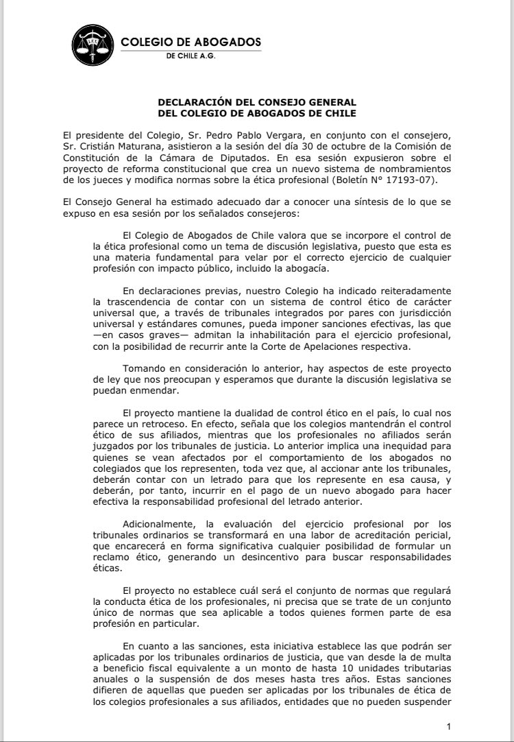 ElisaWalkerE's tweet photo. Les comparto una declaración del Consejo del @ChileColegio en la que nos pronunciamos sobre el proyecto de ley presentado por el gobierno que modifica las normas constitucionales sobre control ético de la profesión. https://t.co/10rKhC6pkk