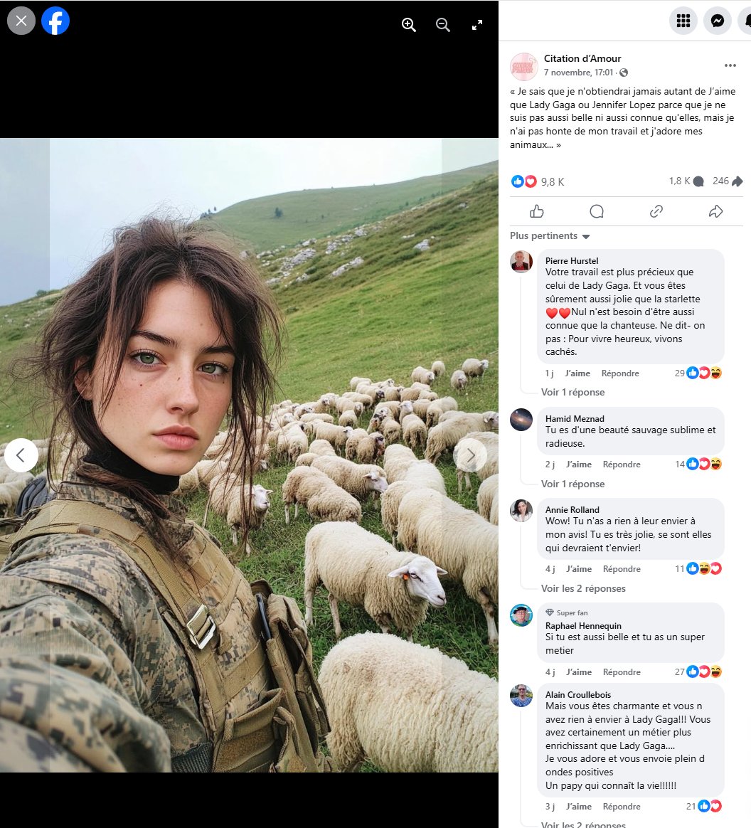 vinceflibustier's tweet photo. J'ai beau voir ça tous les jours, je n'arrive pas à m'habituer au fait qu'il y a quotidiennement des milliers de gens qui partagent, commentent ce genre d'images. Le problème n'étant même pas le fait que ça soit généré par IA, c'est pas nécessairement facile à voir... Mais est-ce que ces gens peuvent arriver à comprendre que non, même si elle existait, la femme en question ne posterait pas ce genre de message, et encore moins sur une page "Citation d'Amour" ? 

C'est désespérant et c'est un vrai enjeu de santé publique. Ces gens sont des proies pour tous les escrocs du monde entier. 

On vit entourés de gens totalement à la ramasse au niveau numérique, qui n'ont jamais eu le moindre début de formation à utiliser internet et les réseaux. 

Ces gens votent, se reproduisent... On peut pas les laisser comme ça. C'est dangereux pour eux et pour la société dans son ensemble. 

Il faut une formation obligatoire à la citoyenneté numérique pour protéger ces gens d'eux-même.