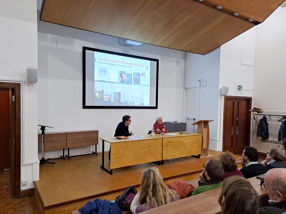 MFOxford's tweet photo. It was a great honour to welcome Jacques Rancière and to listen to him and Nikolaj Lübecker yesterday at @MFOxford.
They discussed his latest book on Chekov's short stories and its resonance with the rest of his work.

A very special moment.
Thank you all for coming. https://t.co/fhf8YMHdHW