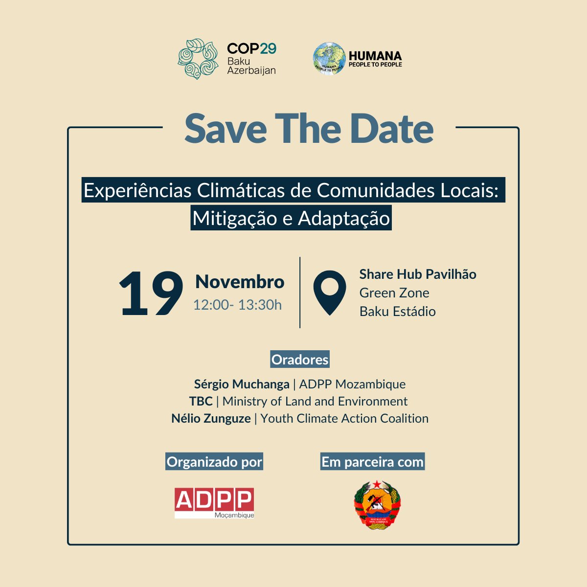 Estamos empolgados em anunciar nossa participação na #COP29 em Baku, Azerbaijão, de 11 a 22 de novembro! 🌍 A ADPP Moçambique organizará um painel sobre Adaptação Climática em países de baixa renda.  #COP29Azerbaijan #GreenZone #GreenZoneProgramme