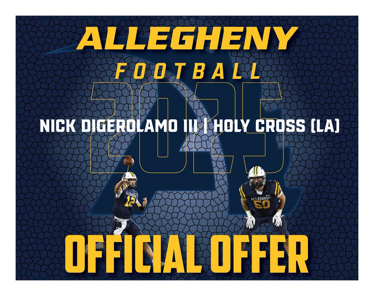 Nick DiGerolamo III (@digerolamonick) on Twitter photo After a great talk with <a href="/Coach_Layer/">Braden Layer</a> I am blessed to receive an offer from Allegheny College!
<a href="/HolyCrossFB/">Holy Cross Football</a> <a href="/TigersDenhc504/">The tigers den/hcfb504</a> <a href="/thtboyJDullz/">JDullary</a> <a href="/vvinnie03/">Coach Vince</a> <a href="/scott_wattigny/">Scott Wattigny</a> <a href="/CatholicLeague_/">Catholic League Sports</a> <a href="/RecruitLouisian/">Recruit Louisiana™️</a> <a href="/D1CoachLacoste/">Lance Lacoste</a> <a href="/cthomp1982/">chris thompson</a> <a href="/TommyC711/">Tommy Connors Jr.</a> After a great talk with <a href="/Coach_Layer/">Braden Layer</a> I am blessed to receive an offer from Allegheny College!
<a href="/HolyCrossFB/">Holy Cross Football</a> <a href="/TigersDenhc504/">The tigers den/hcfb504</a> <a href="/thtboyJDullz/">JDullary</a> <a href="/vvinnie03/">Coach Vince</a> <a href="/scott_wattigny/">Scott Wattigny</a> <a href="/CatholicLeague_/">Catholic League Sports</a> <a href="/RecruitLouisian/">Recruit Louisiana™️</a> <a href="/D1CoachLacoste/">Lance Lacoste</a> <a href="/cthomp1982/">chris thompson</a> <a href="/TommyC711/">Tommy Connors Jr.</a>