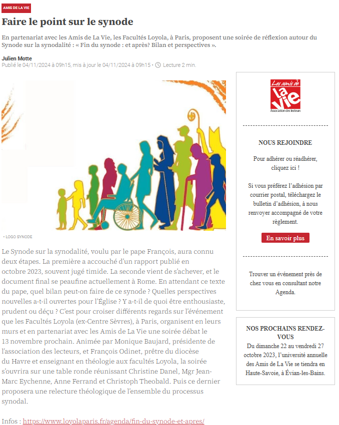 Jesuites's tweet photo. 👉 En partenariat avec les Amis de @LaVieHebdo, les @FacultesLoyola à #Paris, proposent le 13/11 une soirée de réflexion autour du #Synode sur la synodalité : "Fin du synode : et après? Bilan et perspectives", à suivre sur place et à distance 
▶️ https://t.co/CkknLHiaVs https://t.co/2RpFvyglaA