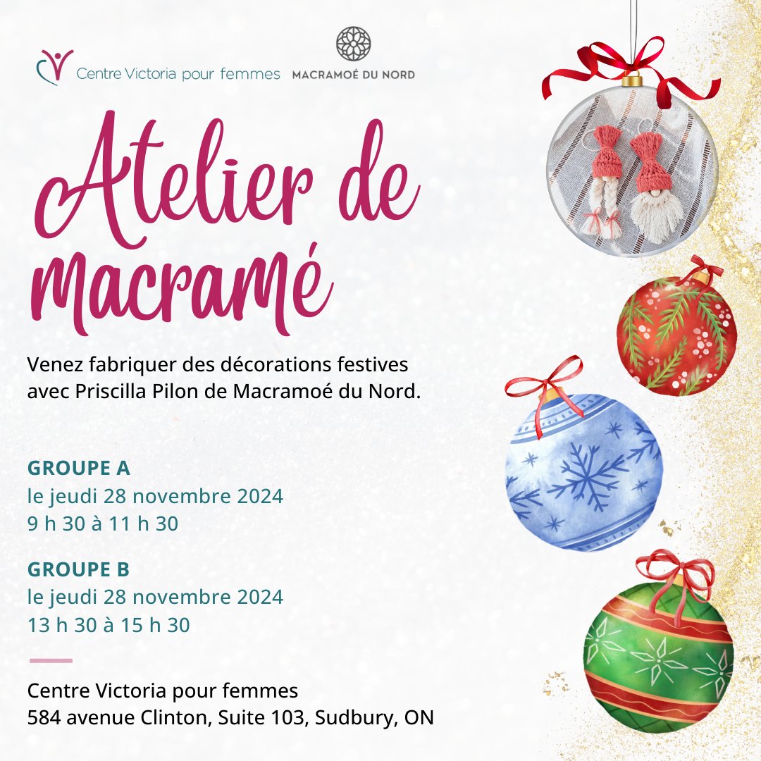 Venez fabriquer des décorations festives avec Priscilla Pilon de Macramoé du Nord! 🎅 🎄

📞 Réservez votre place avec Josée Miljours avant le vendredi 22 novembre 2024 au (705) 670-2517 x 107 ou par courriel à josee.miljours@centrevictoria.ca.

#Macramé #CVF #Atelier #Sudbury