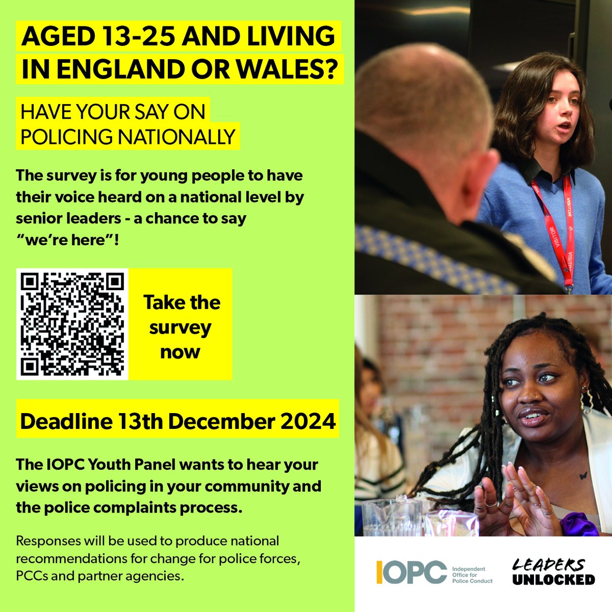The IOPC Youth Panel Survey 2024 wants to hear from YOU @leadersunclocked🫵

There's currently an issue with the reputation of the police, particularly amongst young and marginalised groups. 

Take the survey here: surveymonkey.com/r/JZCKG7V