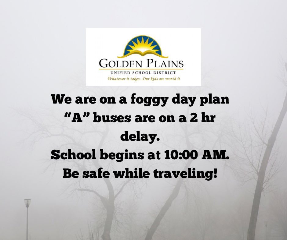 GDistrct's tweet image. Good morning GPUSD families please stay tuned to local channel 24 and 47 as well as our social media and ParentSquare communications for all the latest fog updates.