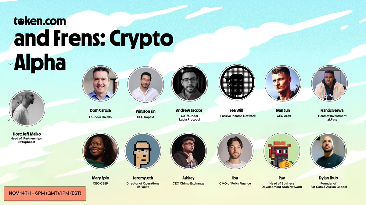 token.com (@tokencom_) on Twitter photo Join Token.com & Frens on Spaces Thursday 🚨
Guest Speakers🔥
<a href="/seawillpdx/">Sea Will</a>
<a href="/ibuprod/">ibu</a>
<a href="/Francis_Berwa/">Francis</a>
<a href="/zkPass/">zkPass</a>
<a href="/HivelloOfficial/">Hivello Official</a>
<a href="/luciaprotocol/">Lucia</a>
<a href="/ARQxAI/">$ARQx AI | The Future of Jewelry</a>
<a href="/CEEK/">Ceek</a>
<a href="/0xFacet/">Facet</a>
<a href="/posvar/">jeremy.eth</a>
@ChimpExchange
<a href="/FolksFinance/">Folks Finance</a>
<a href="/ArchNtwrk/">Arch Network</a>
<a href="/FatCatsGroup/">Fat Cats</a>
<a href="/DomCarosa/">Dom Carosa (Co-Founder Hivello.com)</a> 
x.com/i/spaces/1yNxa… Join Token.com & Frens on Spaces Thursday 🚨
Guest Speakers🔥
<a href="/seawillpdx/">Sea Will</a>
<a href="/ibuprod/">ibu</a>
<a href="/Francis_Berwa/">Francis</a>
<a href="/zkPass/">zkPass</a>
<a href="/HivelloOfficial/">Hivello Official</a>
<a href="/luciaprotocol/">Lucia</a>
<a href="/ARQxAI/">$ARQx AI | The Future of Jewelry</a>
<a href="/CEEK/">Ceek</a>
<a href="/0xFacet/">Facet</a>
<a href="/posvar/">jeremy.eth</a>
@ChimpExchange
<a href="/FolksFinance/">Folks Finance</a>
<a href="/ArchNtwrk/">Arch Network</a>
<a href="/FatCatsGroup/">Fat Cats</a>
<a href="/DomCarosa/">Dom Carosa (Co-Founder Hivello.com)</a> 
x.com/i/spaces/1yNxa…