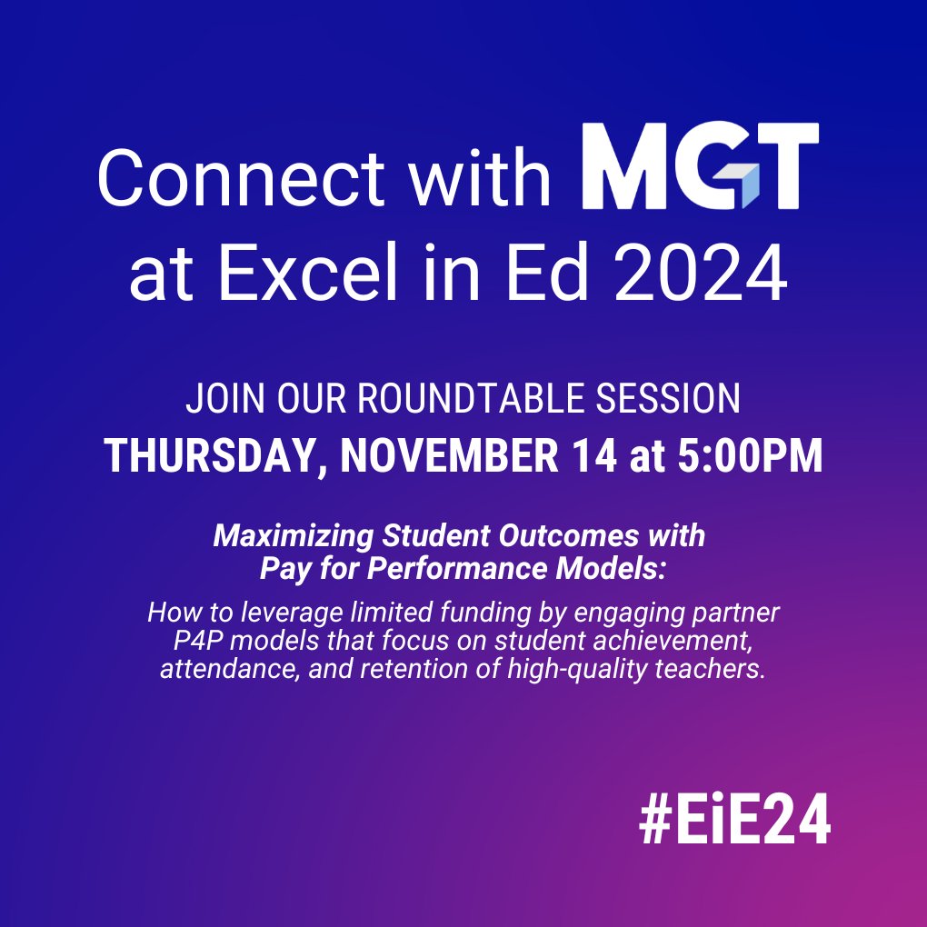 MGTImpact's tweet image. MGT is proud to sponsor Excel in Ed’s National Summit on Education! Join us tomorrow at 5 PM for a roundtable on maximizing student learning outcomes through pay-for-performance models. Let’s drive educational change together!

#ExcelinEd #EIE24 #MGT