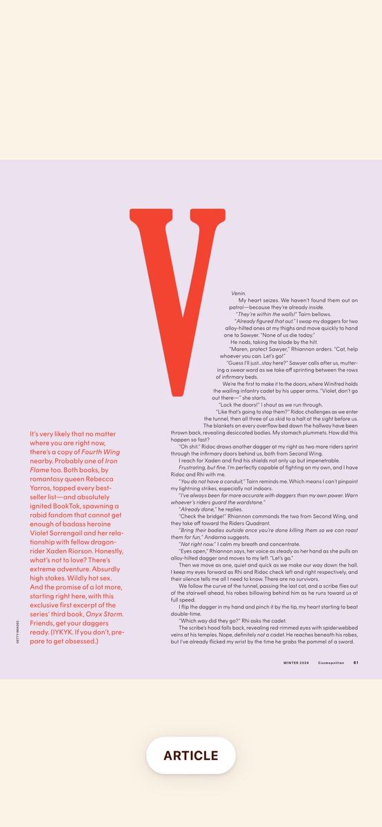 FernPhase23's tweet photo. Incase you missed the article eeekkk 😍😍 can’t waittttt for this #onyxstorm #FourthWing  @RebeccaYarros https://t.co/dH3dyYTkWd