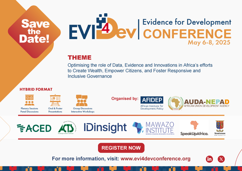 Mawazo Institute (@mawazoinstitute) on Twitter photo 📣 MARK YOUR CALENDARS!
<a href="/Evi4DevCon/">Evi4Dev Conference</a> is coming your way - May 2025!
Organised by <a href="/Afidep/">AFIDEP</a> and <a href="/NEPAD_Agency/">AUDA-NEPAD</a> , in partnership with #Mawazo, the conference will centre #research, #data and #innovations in achieving development goals.
Learn more here: bit.ly/3O4855i 📣 MARK YOUR CALENDARS!
<a href="/Evi4DevCon/">Evi4Dev Conference</a> is coming your way - May 2025!
Organised by <a href="/Afidep/">AFIDEP</a> and <a href="/NEPAD_Agency/">AUDA-NEPAD</a> , in partnership with #Mawazo, the conference will centre #research, #data and #innovations in achieving development goals.
Learn more here: bit.ly/3O4855i
