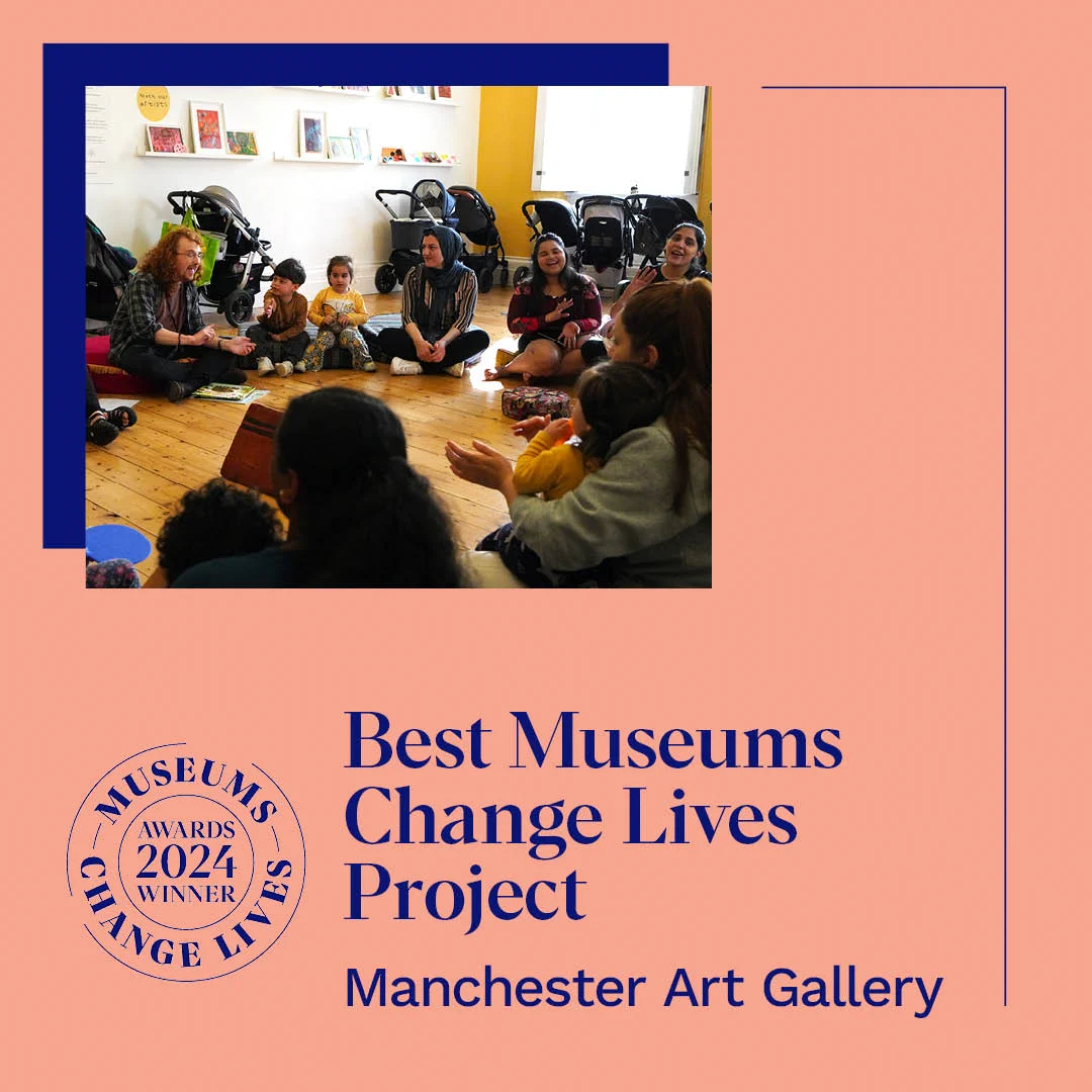 Adults and children sit in a circle and play at Manchester Art Gallery. Text reads: Best Museums Change Lives Project. Manchester Art Galley. Museums Change Lives Awards 2024.
