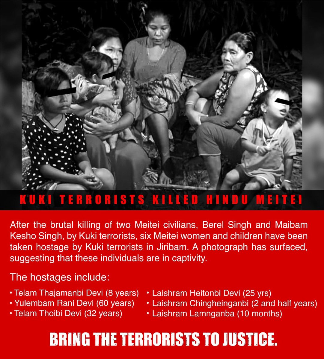 #SaveMeitei from #KukiNarcoTerrorists. Innocent #meitei villagers kidnapped &amp; held hostage by #KukiNarcoTerrorists at #Jiribam #Manipur. <a href="/narendramodi/">Narendra Modi</a> , <a href="/AmitShah/">Amit Shah</a> <a href="/Spearcorps/">SpearCorps.IndianArmy</a> please help and rescue them from #KukiNarcoTerrorists asap. Act quickly - Meiteis lives are at stake.