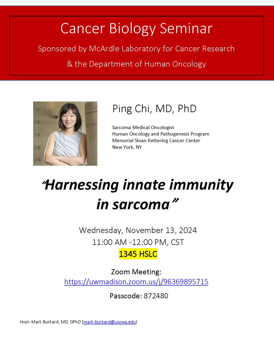 Tomorrow at 11 am CST: join in person or on Zoom for the latest #cancerbiologyseminar. Sponsored by  #mcardlelab uwmadison.zoom.us/j/96369895715